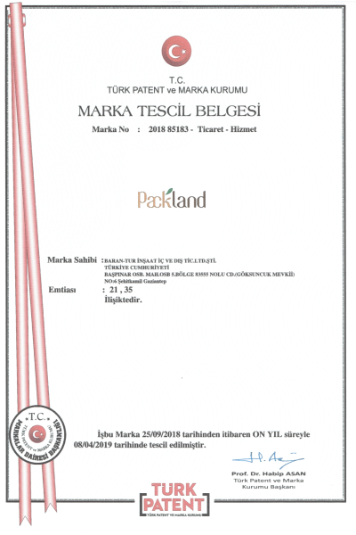 Packland Trademark Registration Certificate